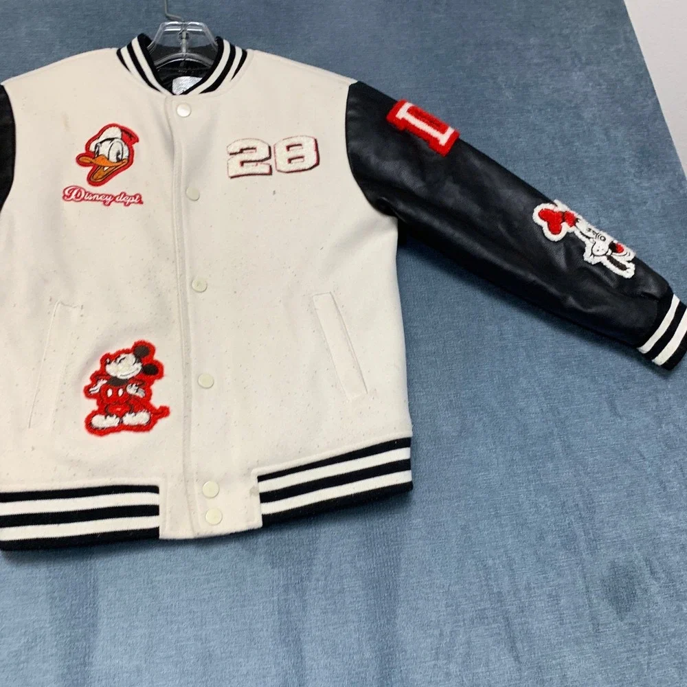 Forever 21 Disney Mickey & Friends Varsity Jacket Kids 9/10 White Black Pockets